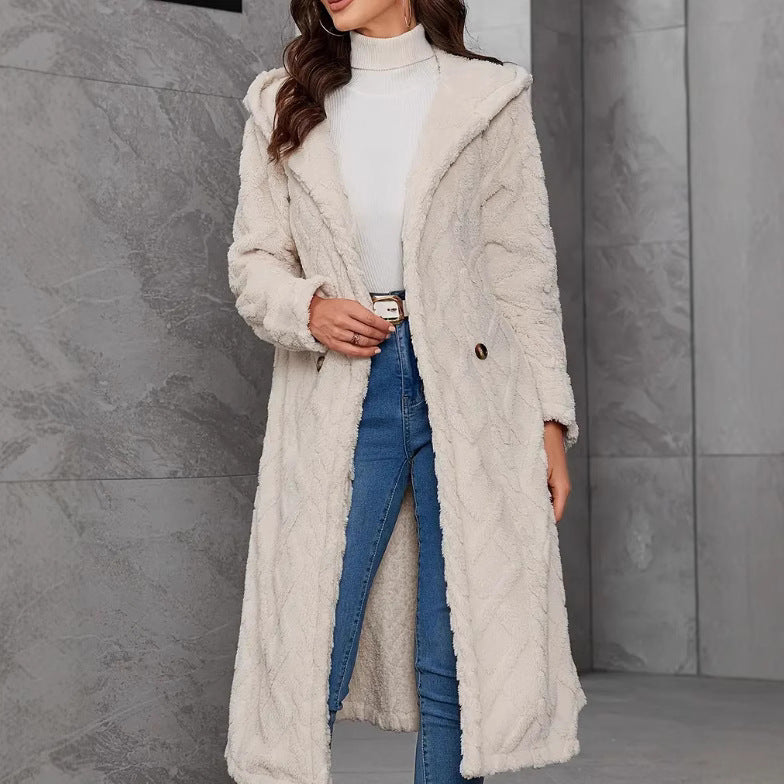 Damen Fluffy Mantel mit Kapuze und Knopfverschluss Drune
