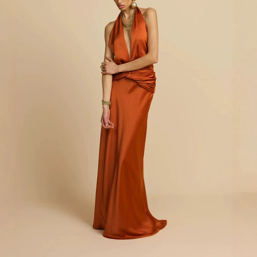 Damen Elegantes Maxikleid mit tiefem V-Ausschnitt und raffinierten Drapierungen Drune