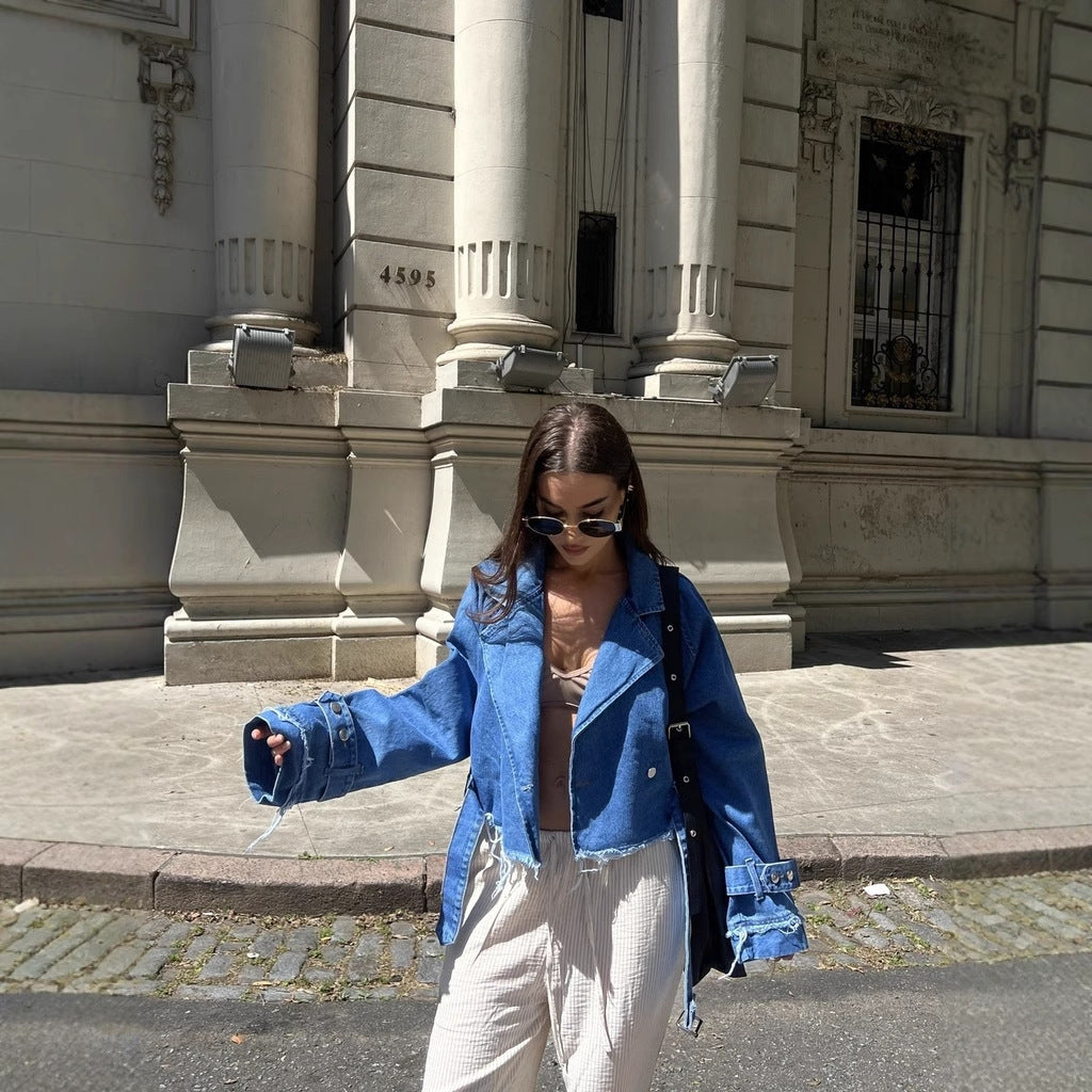Damen cropped Denimjacke im Vintage-Stil mit fransen und modischen Details Drune