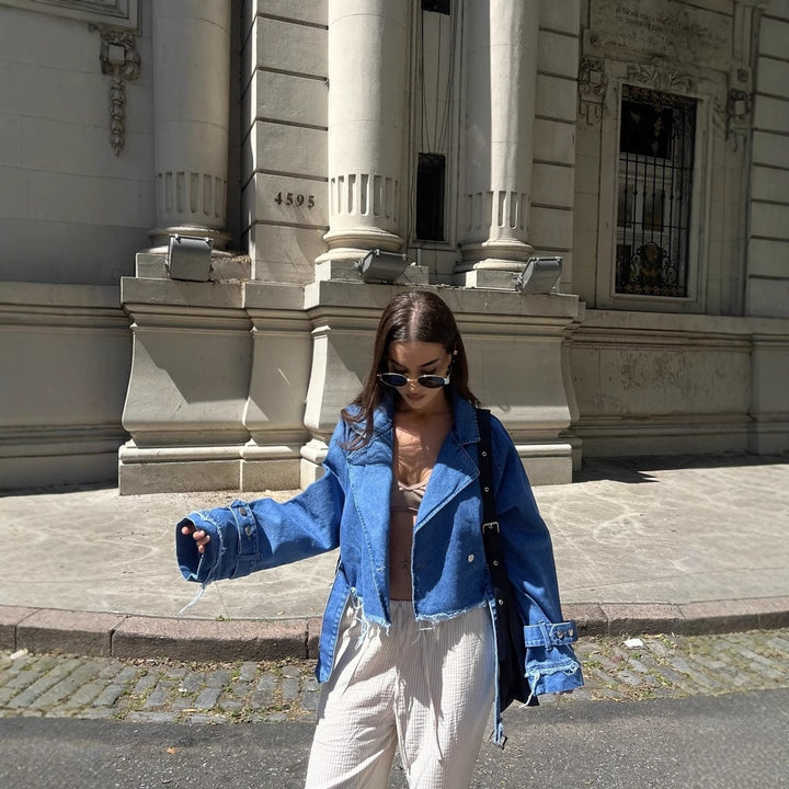 Damen cropped Denimjacke im Vintage-Stil mit fransen und modischen Details Drune