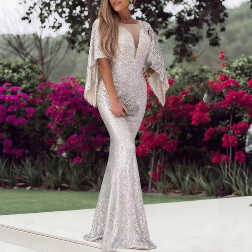 Damen Glamouröses Pailletten-Abendkleid mit tiefem V-Ausschnitt und eleganten Flügelärmeln Drune