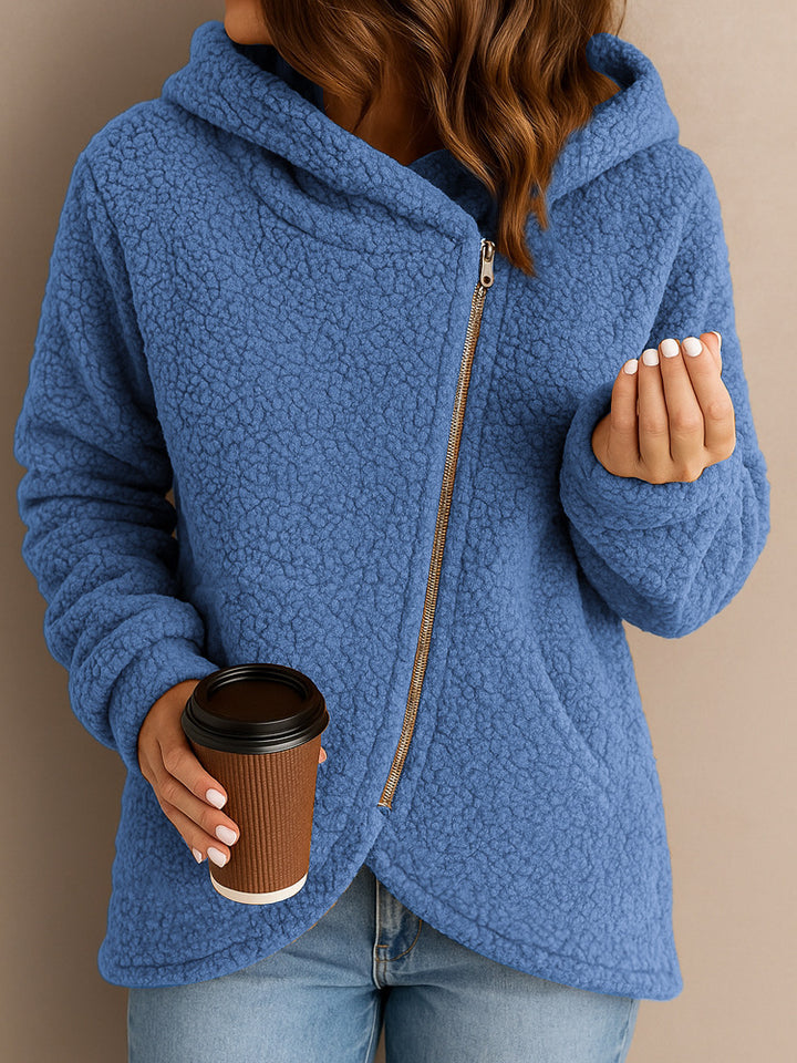 Damen Fleecejacke mit asymmetrischem Reißverschluss und Kapuze Drune