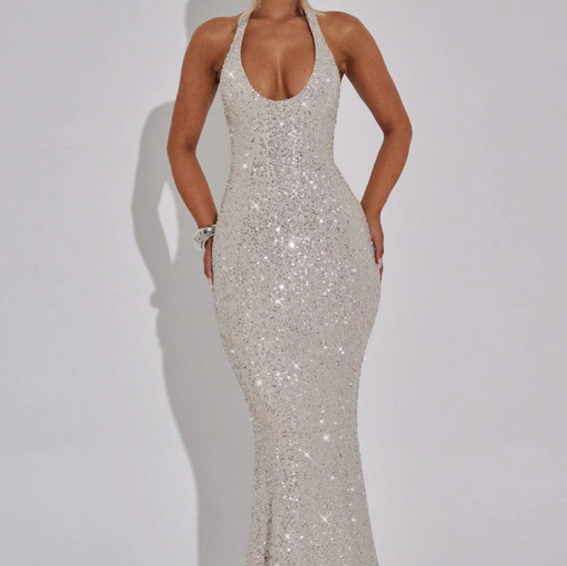 Damen Glamouröses Pailletten-Maxi-Kleid mit tiefem V-Ausschnitt und schmalem Schnitt Drune
