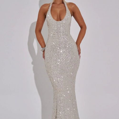 Damen Glamouröses Pailletten-Maxi-Kleid mit tiefem V-Ausschnitt und schmalem Schnitt Drune