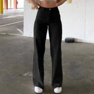 Damen nan hochgeschnittene Weitbein-Hose aus Baumwollmix mit verlängertem Bein und Fünf-Taschen-Design Drune