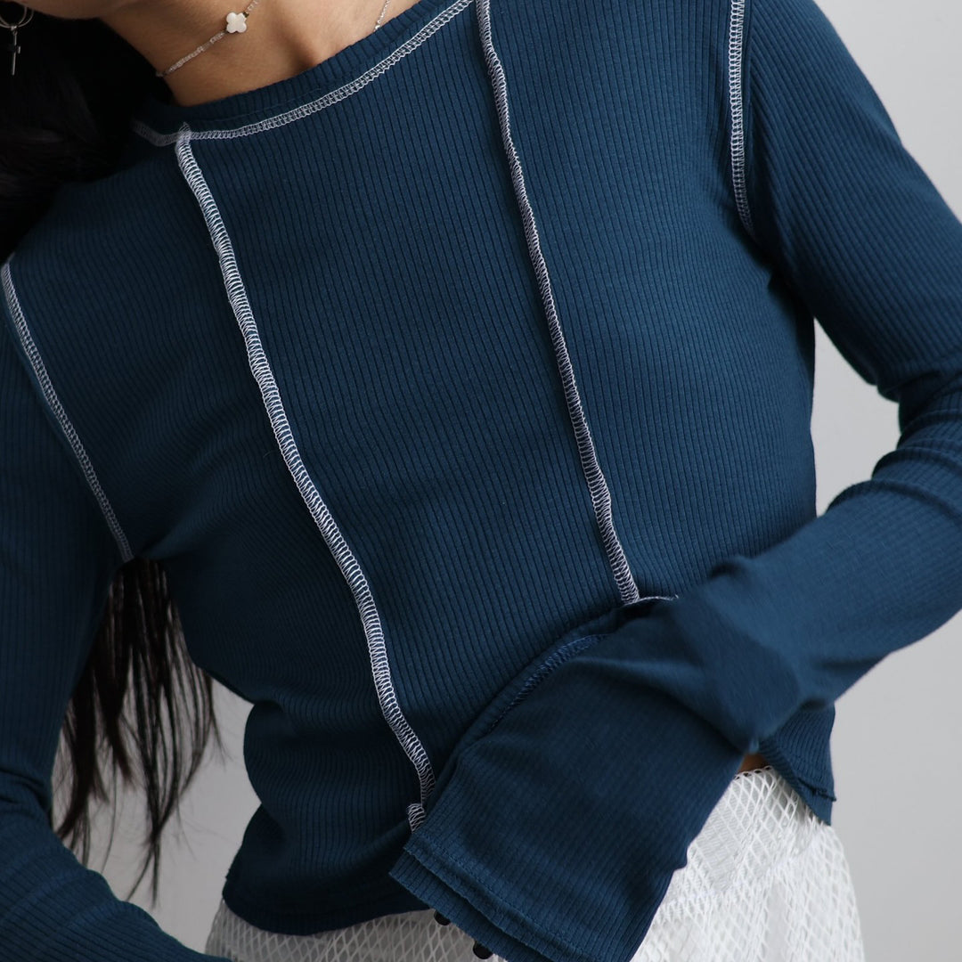 Damen lässiges Langarmoberteil mit retro inspirierten Rippstruktur und Kontrastnähten Drune