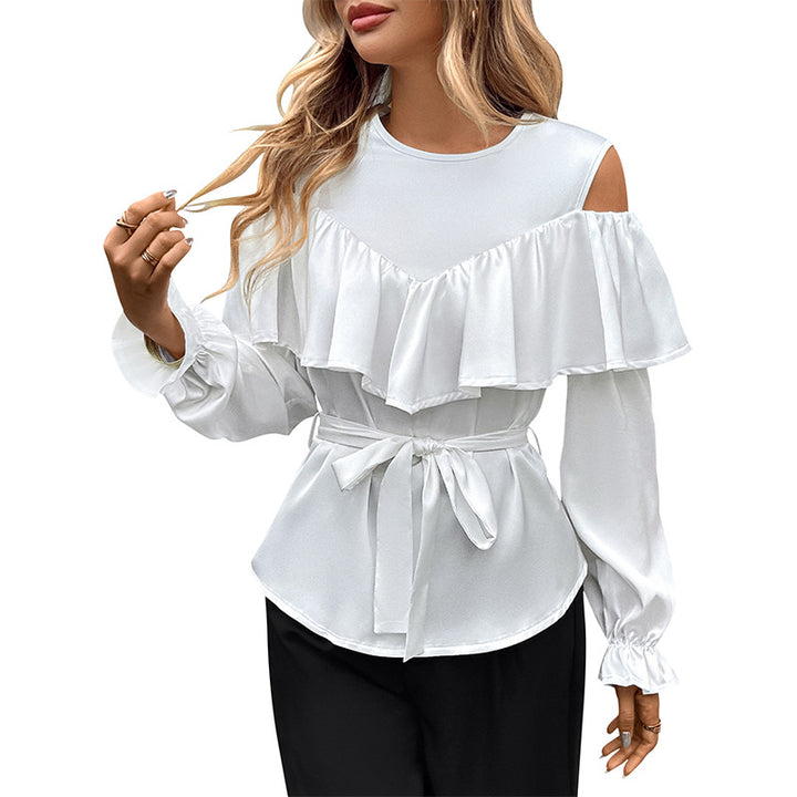Damen Bluse mit auffälligen Rüschendetails und taillierbarem Bindegürtel Drune