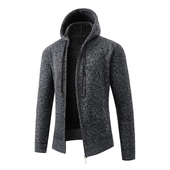 Herren nan melierte Strickzip-Kapuzenjacke mit wärmendem Teddyfutter, verdecktem Zwei-Wege-Reißverschluss und elastischen Bündchen Drune