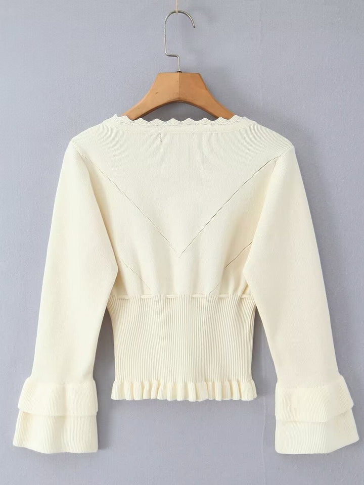 Damen modische kurzärmelige Strickjacke mit Rüschendetails und Knopfverschluss Drune