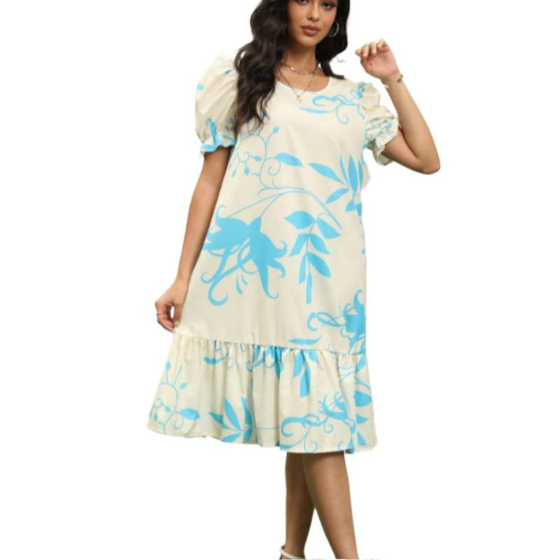 Damen Freizeitkleid mit voluminösen Ärmeln und Rüschensaum Drune
