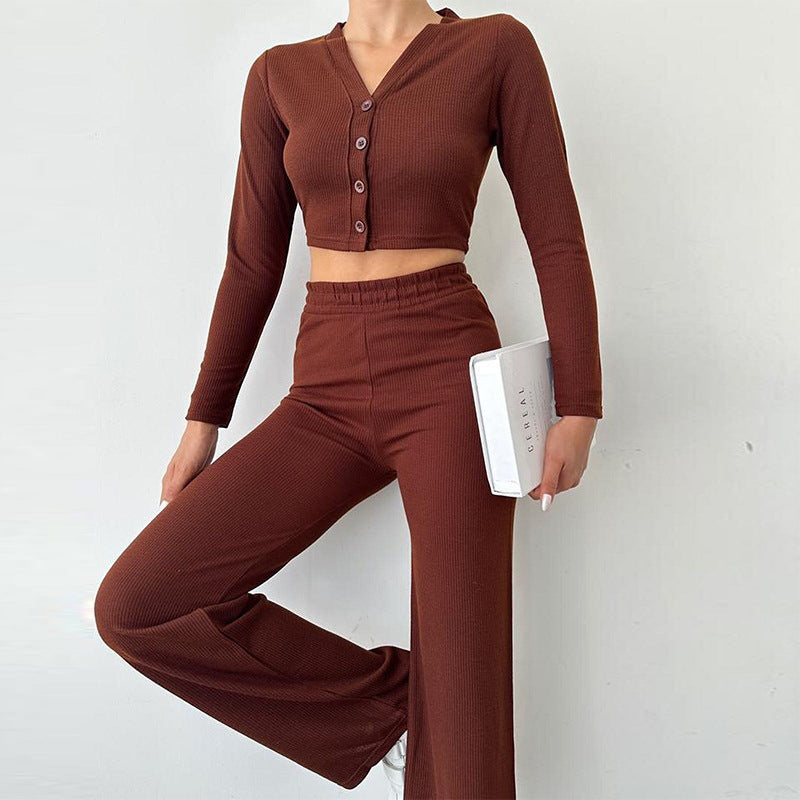 Damen modisches Cropped-Set mit langärmligem Oberteil und weiter Hose Drune