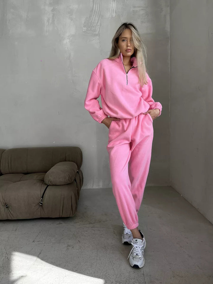 Damen lässiger Fleece-Lounge-Anzug mit kurzem Reißverschluss Drune