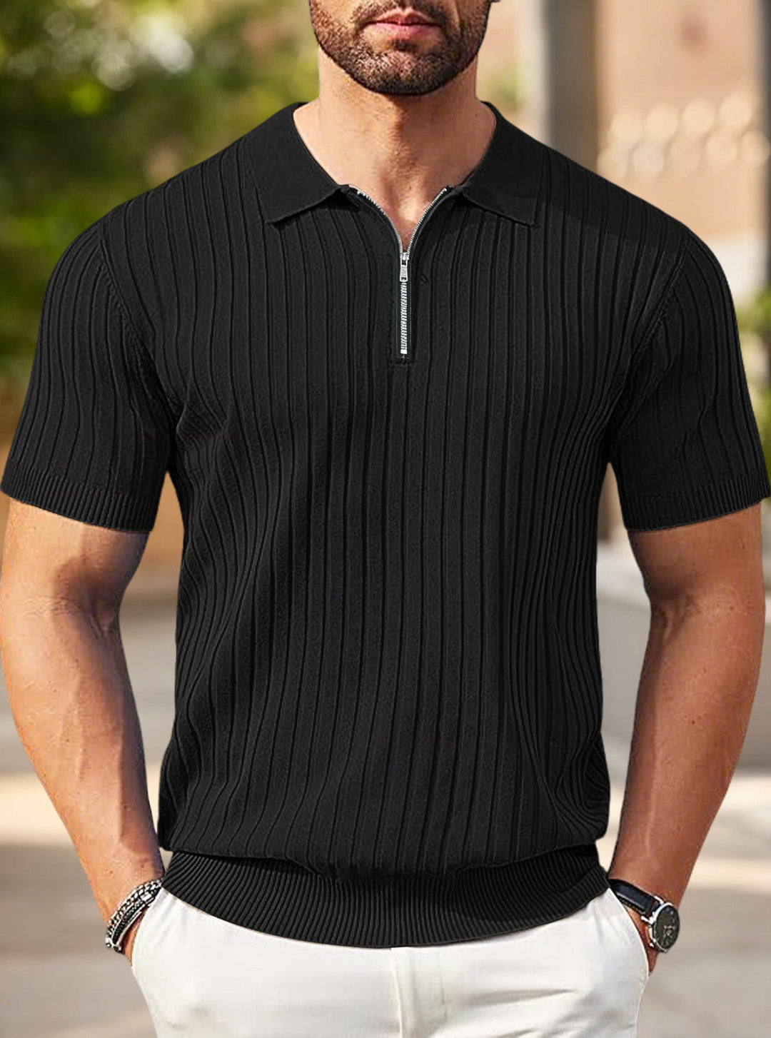 Herren nan elegantes strukturiertes Kurzarm-Strickpolo mit kurzem Metallreißverschluss und Hemdkragen Drune