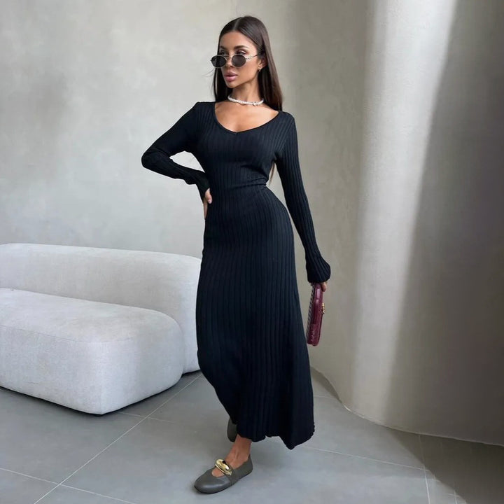 Damen Maxikleid mit raffiniertem Rippenstrick und schulterfreiem Design Drune