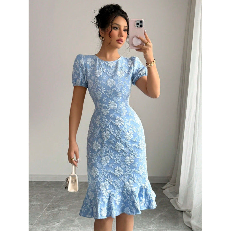 Damen elegantes Midikleid mit voluminösen Ballonärmeln und floralen Akzenten Drune