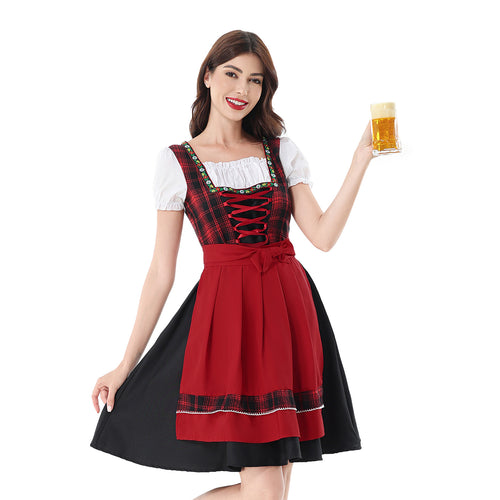 Damen nan traditionelles Dirndlkleid mit kariertem Mieder, Schnürung, Puffärmeln und Schürze Drune