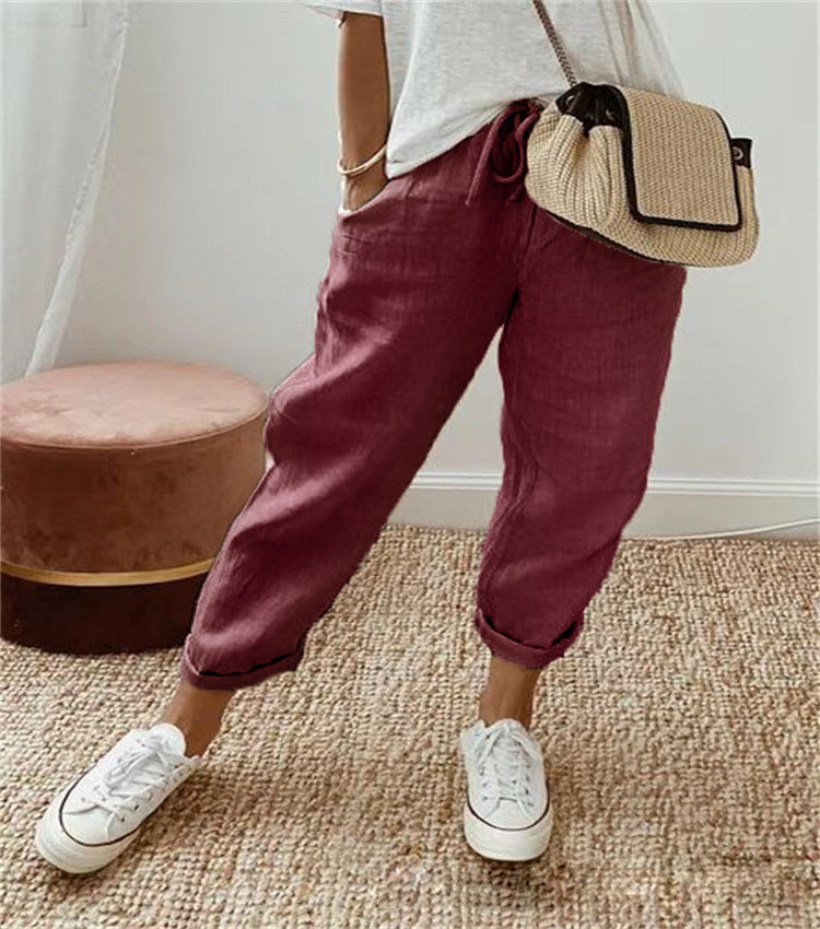 Damen lässige Leinenhose mit körpernaher Passform und praktischen Taschen Drune
