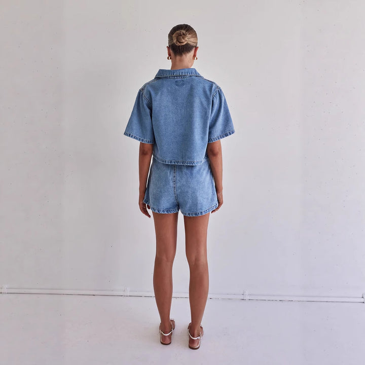 Damen Denim-Kurzjacke mit passendem Rock im lässigen Stil Drune