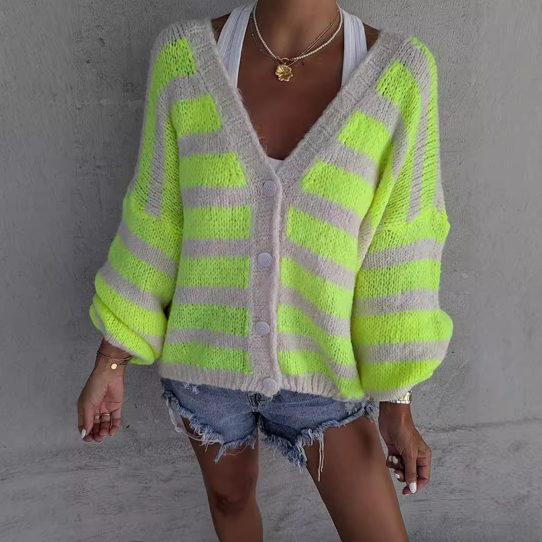 Damen lässiger Strickcardigan mit einzigartigem Streifenmuster Drune