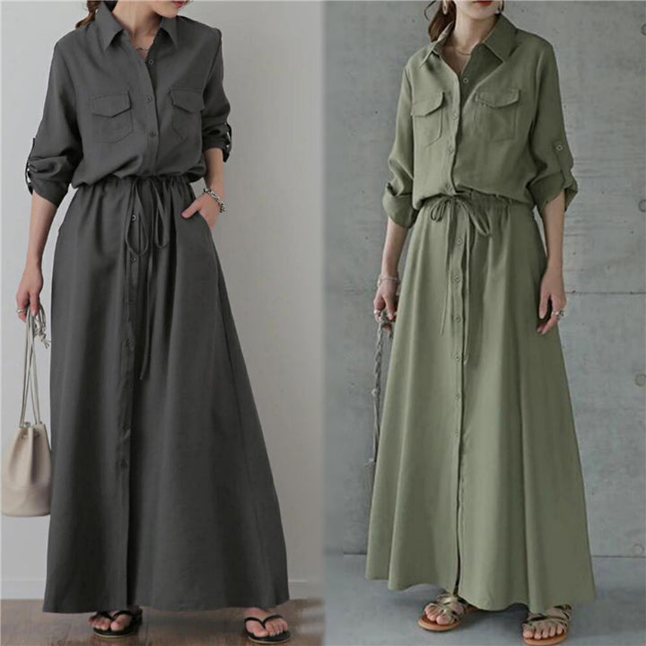 Damen nan langes Hemdkleid mit Tunnelzugtaillierung und aufgesetzten Brusttaschen Drune