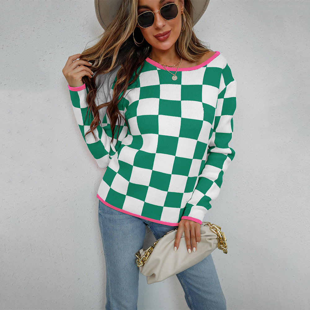 Damen lässiger Pullover mit Checkerboard-Muster Drune