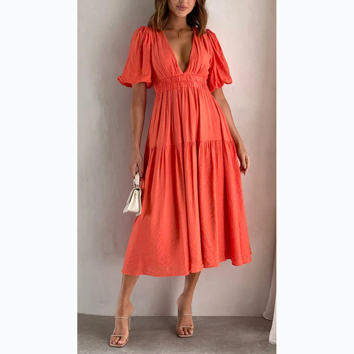 Drune | Lässige Trends Sommer V-Ausschnitt Figurbetont Taillenkleid Midilänge