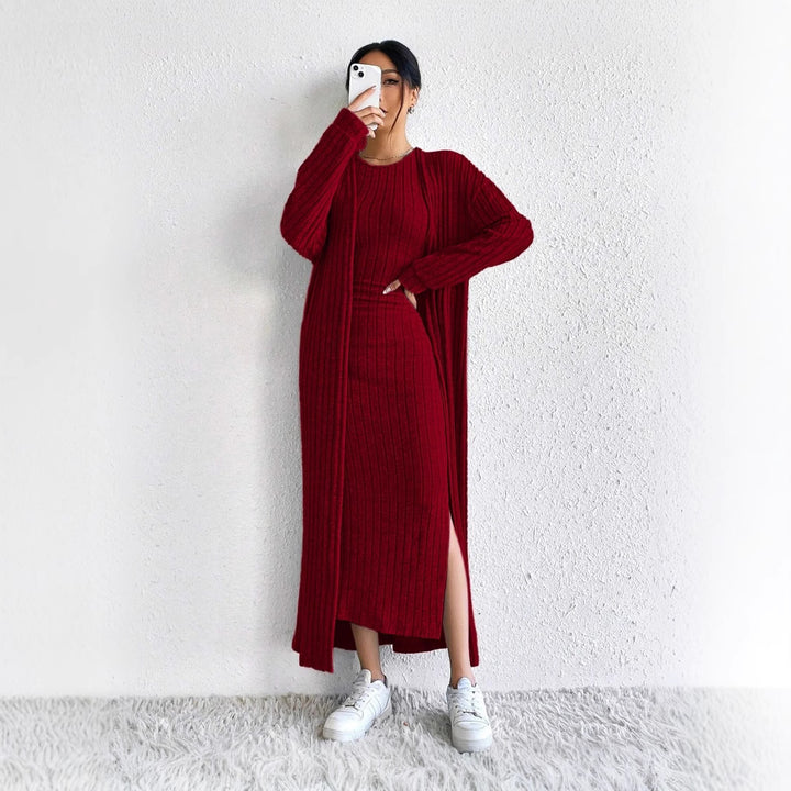 Damen Strickkleid mit langem Cardigan und seitlichem Schlitz Drune