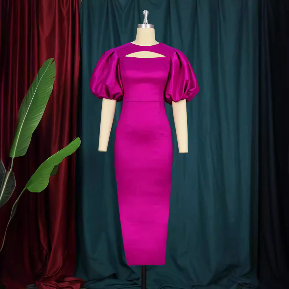 Damen figurbetontes Kleid mit Puffärmeln und Schlüssel-Ausschnitt Drune