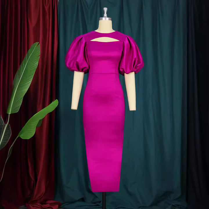 Damen figurbetontes Kleid mit Puffärmeln und Schlüssel-Ausschnitt Drune