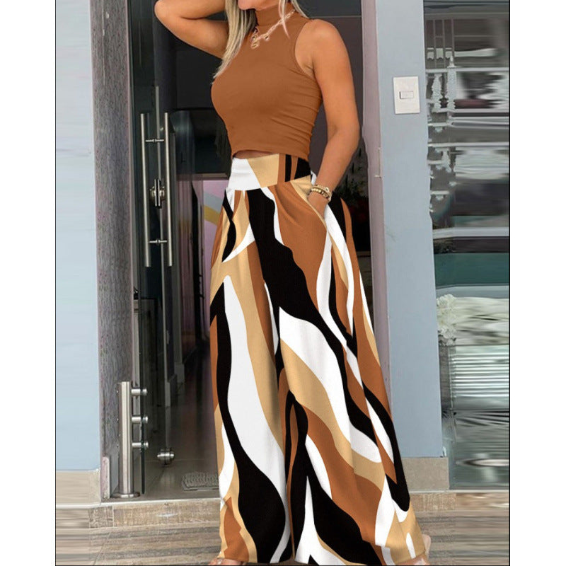 Damen Stilvolles Zweiteiliges Cropped Top und Breite Hosen Set Drune