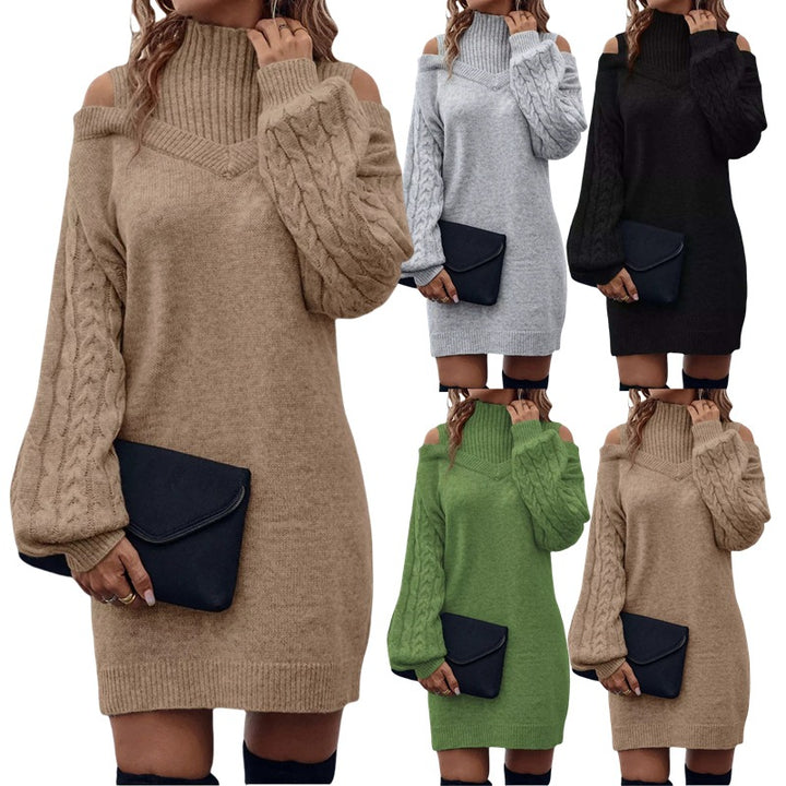 Damen Strickkleid mit asymmetrischem Off-Shoulder-Design und voluminösen Ärmeln Drune