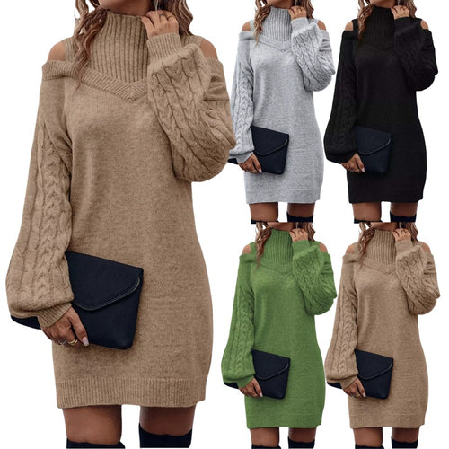 Damen Strickkleid mit asymmetrischem Off-Shoulder-Design und voluminösen Ärmeln Drune