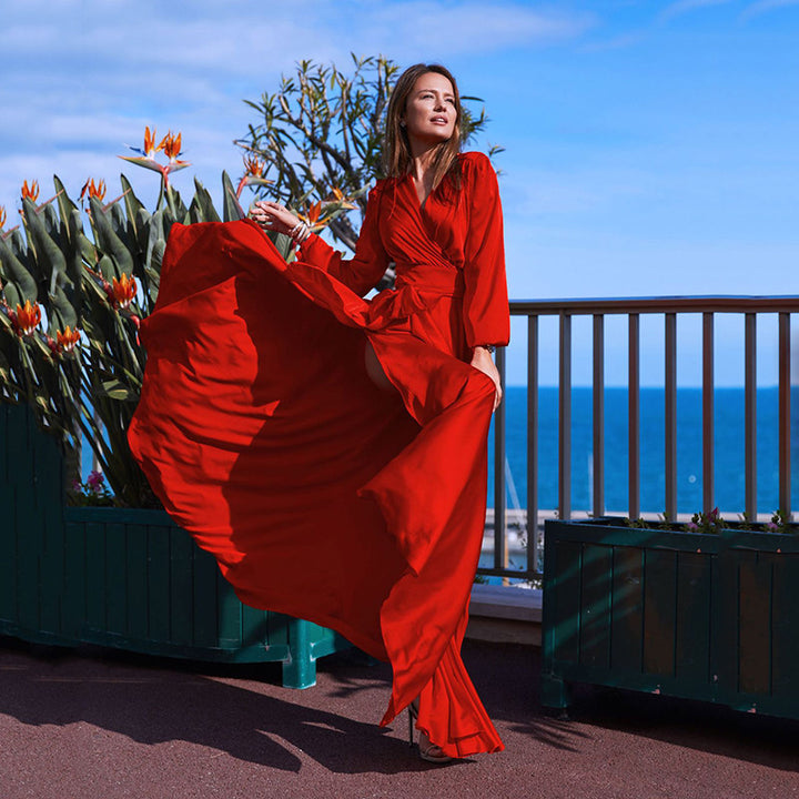 Damen Elegantes Abendkleid mit fließendem Schnitt und hohen Schlitzen Drune