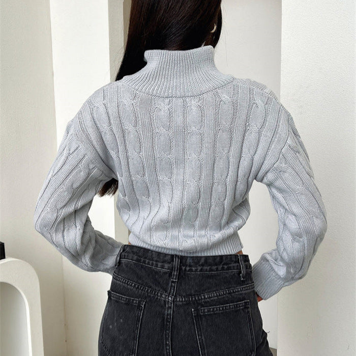 Damen Modischer Cropped Pullover mit Zipper und Strickdetails Drune
