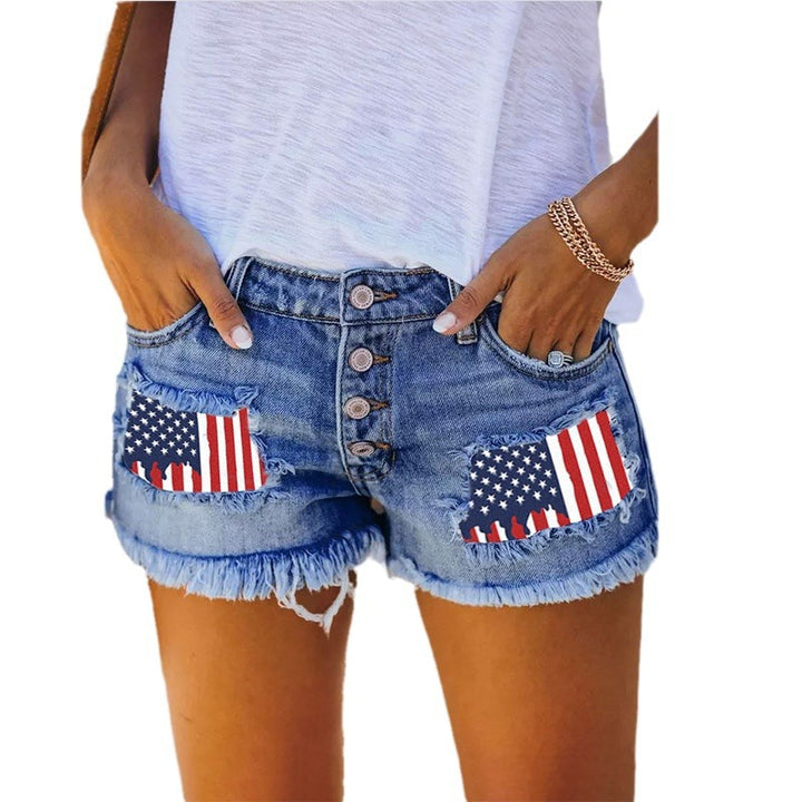 Damen Denim-Shorts mit Vintage-Fransen und patriotischen Applikationen Drune