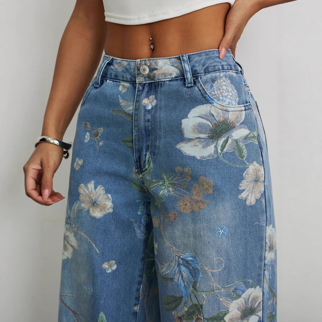 Damen weite Jeans mit floralem Design und hohem Taillenbund Drune