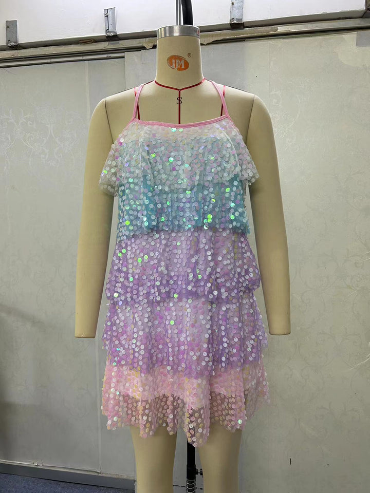 Damen luftiges Sommerkleid mit buntem Paillettenmuster Drune