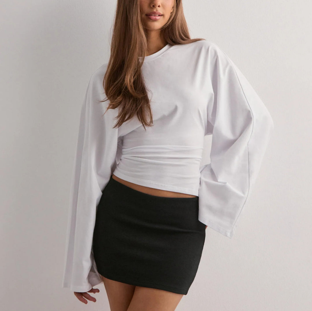 Damen cropped Langarmshirt mit weit ausgestellten Ärmeln Drune