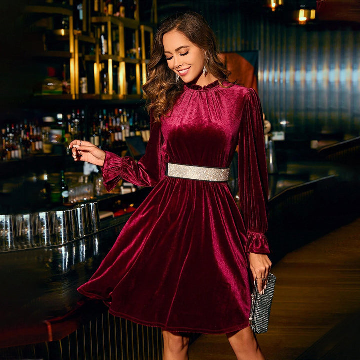 Damen Samtliches Abendkleid mit langen Puffärmeln und elastischem Bund Drune