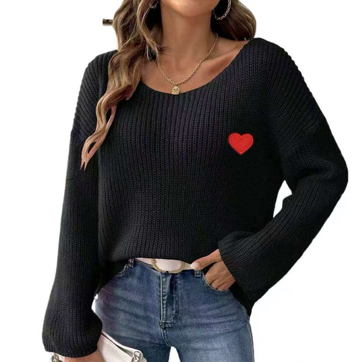 Damen Lockere Strickpullover mit Herzapplikation Drune