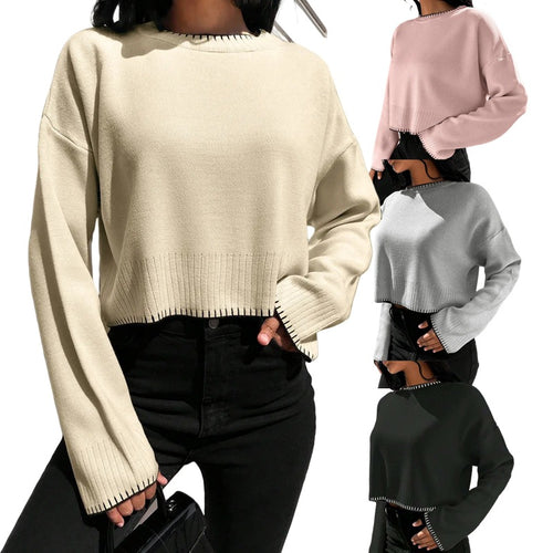 Damen lässiger Crop-Pullover mit strukturierten Säumen und Rundhalsausschnitt Drune