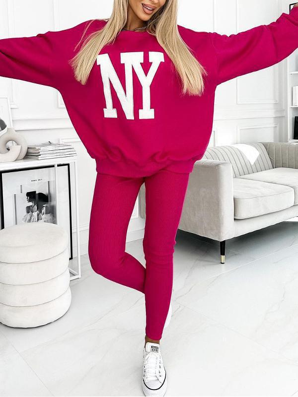 Damen lässiger Oversized-Pullover mit floralem Logo und passender Leggings Drune