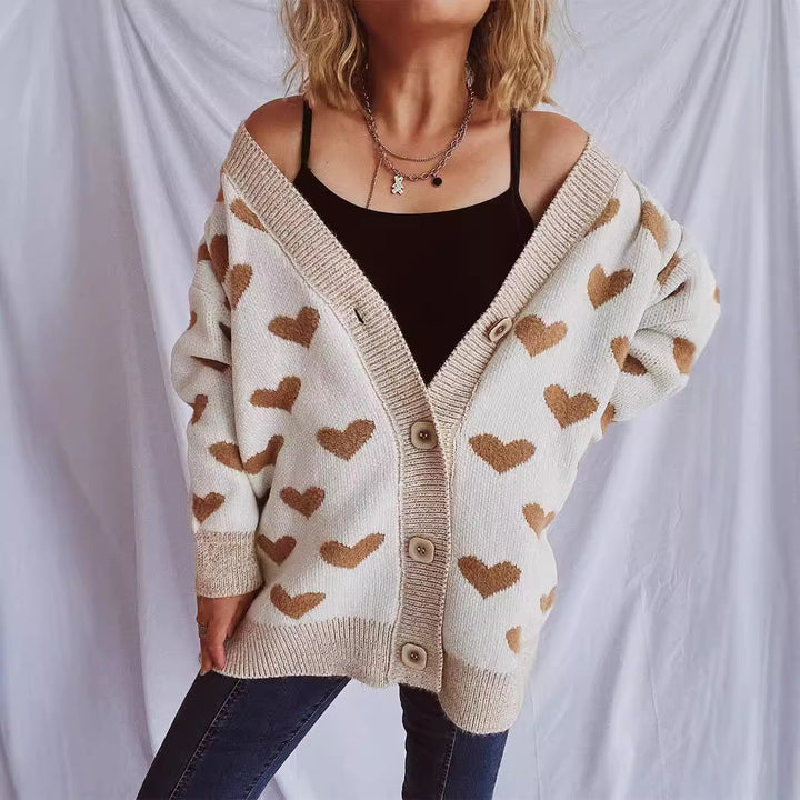 Damen Strickjacke mit herzförmigem Muster und Knopfdetails Drune