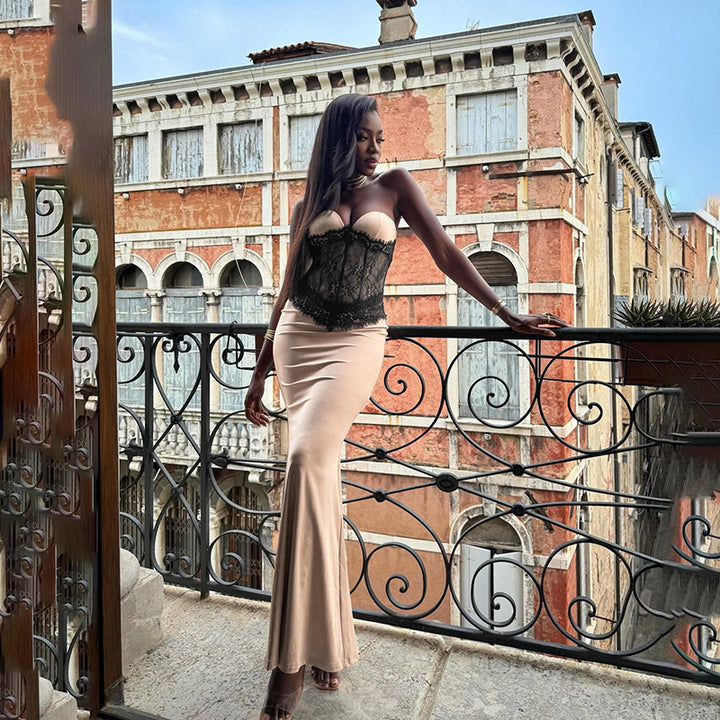 Damen Langarm-Boudoir-Kleid mit Spitzenoberteil Drune