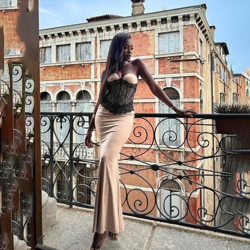 Damen Langarm-Boudoir-Kleid mit Spitzenoberteil Drune