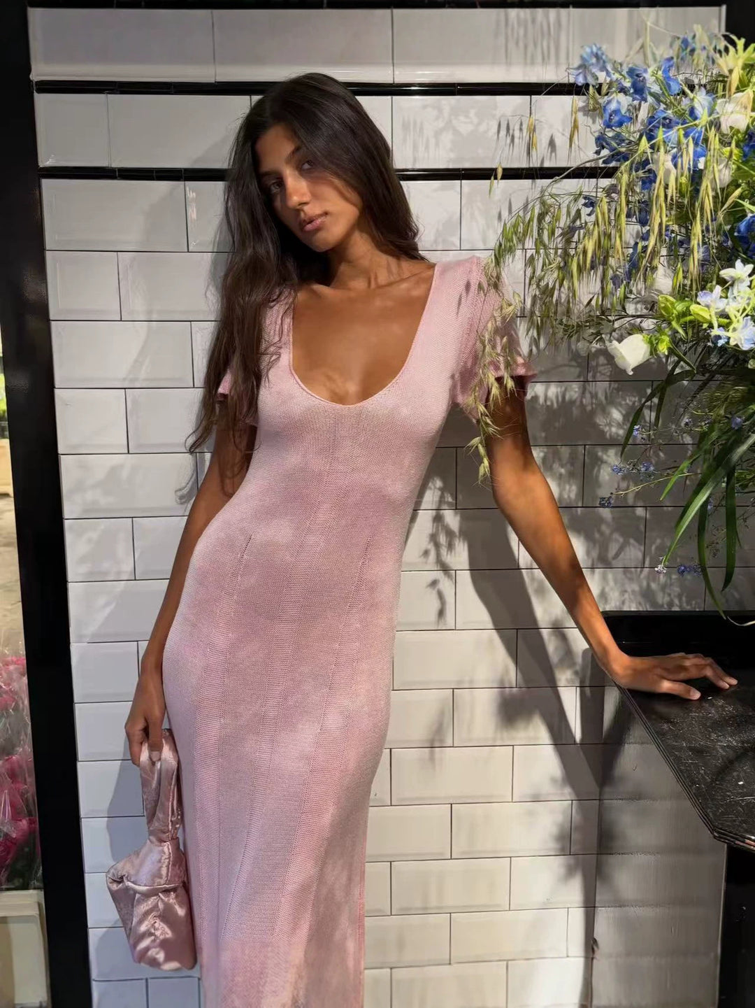 Damen elegantes figurbetontes Maxikleid mit V-Ausschnitt Drune