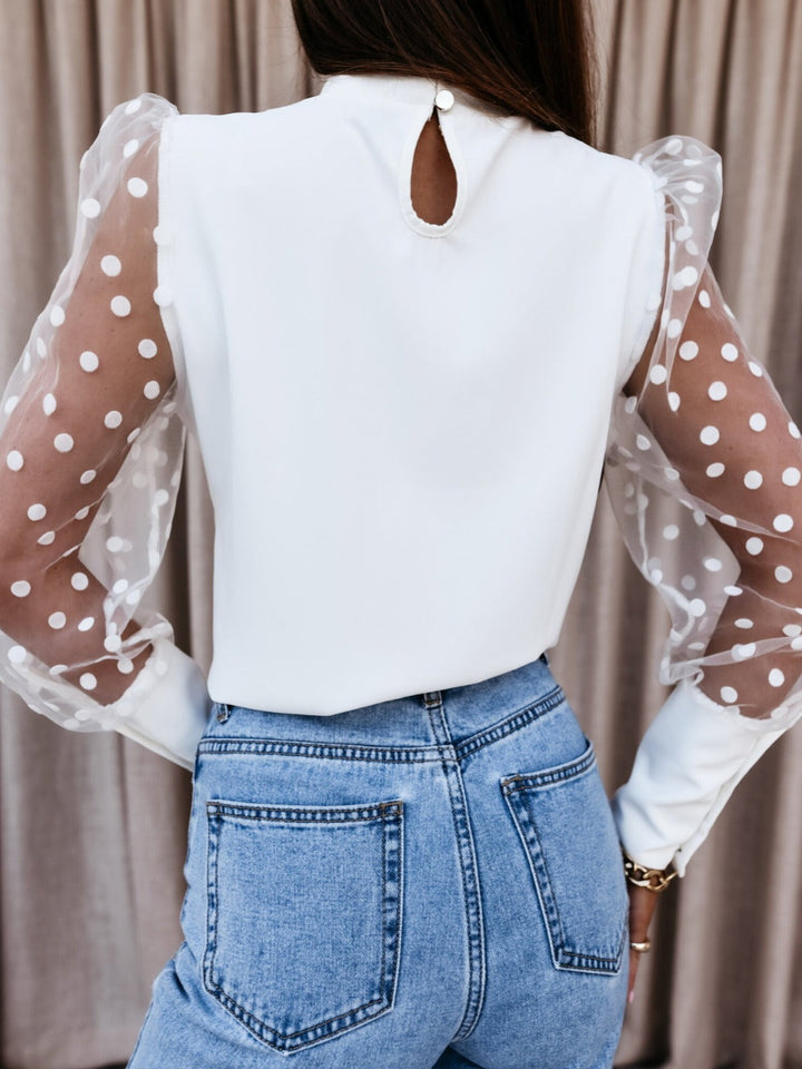 Damen Elegante Bluse mit transparenten Puffärmeln und Punkten Drune