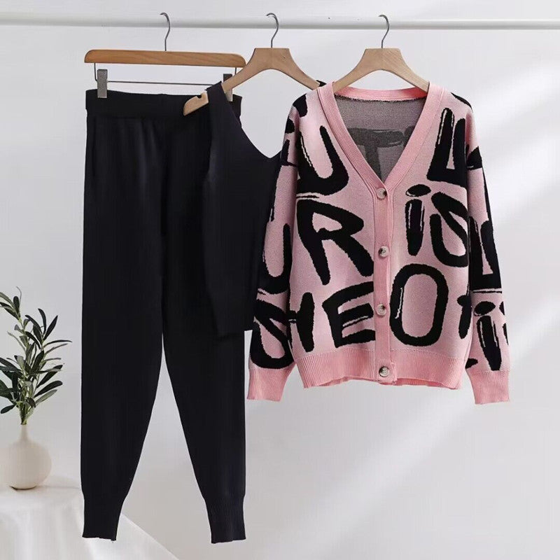 Damen gemütliches Strick-Loungewear-Set mit Dekorativem Schriftzug Drune