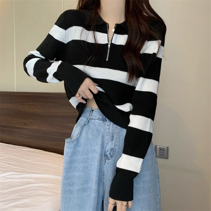 Damen Strickpullover mit Reißverschluss und Streifenmuster Drune