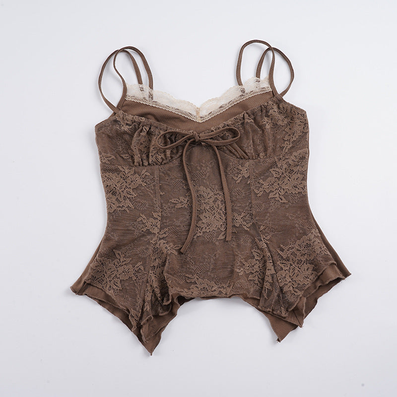 Damen Spitzen-Corsage-Oberteil mit raffinierten Trägerdetails und elegantem Knoten Drune
